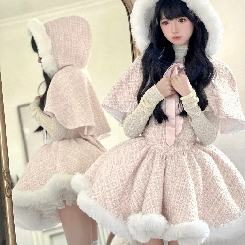 

Japanese Style Elegant Tweed Plaid Dress Sets Women Plush Hooded Shawl Short Jackets Mini Skirts Kawaii Christmas New Year Suit