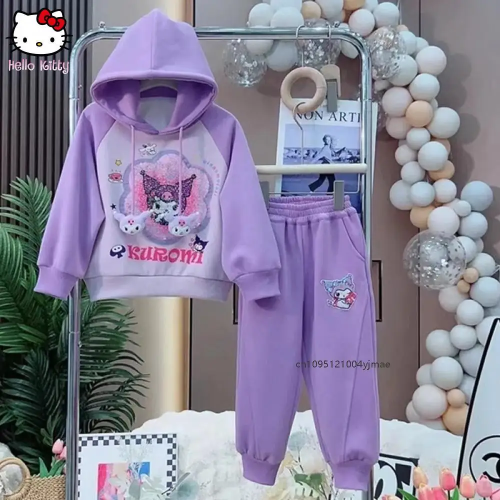 

2Pcs Kawaii Kuromi Child Sweatshirt Set Autumn Winter Anime Sanrios Kids Cute Fashion Thicken Warm Sequin Hoodie Casual Clothes