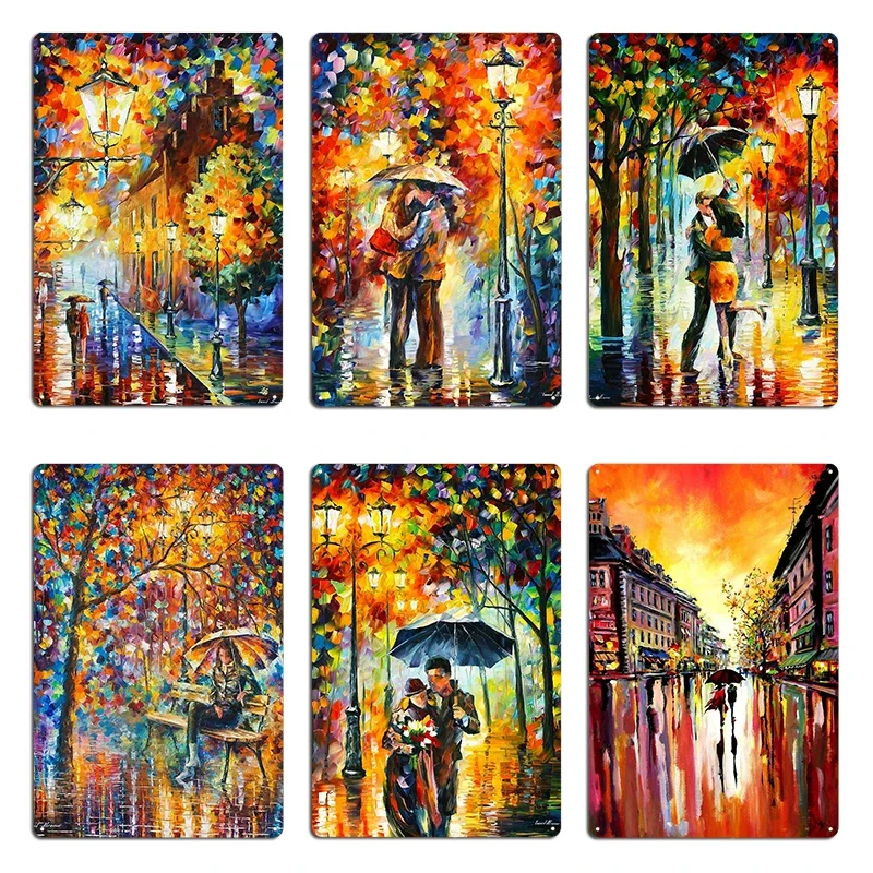 WARM Lights In The Night Leonid Afremov Пейзажи KISS UNDER THE RAIN Металлическая табличка Картина Настенная роспись Таблички Оловянная вывеска Плакат