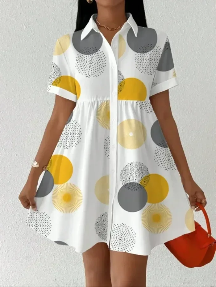 

Плюс размер 1XL-5XL женское летнее милое платье с геометрическим принтом на пуговицах с лацканами короткие модные элегантные платья с рукавами