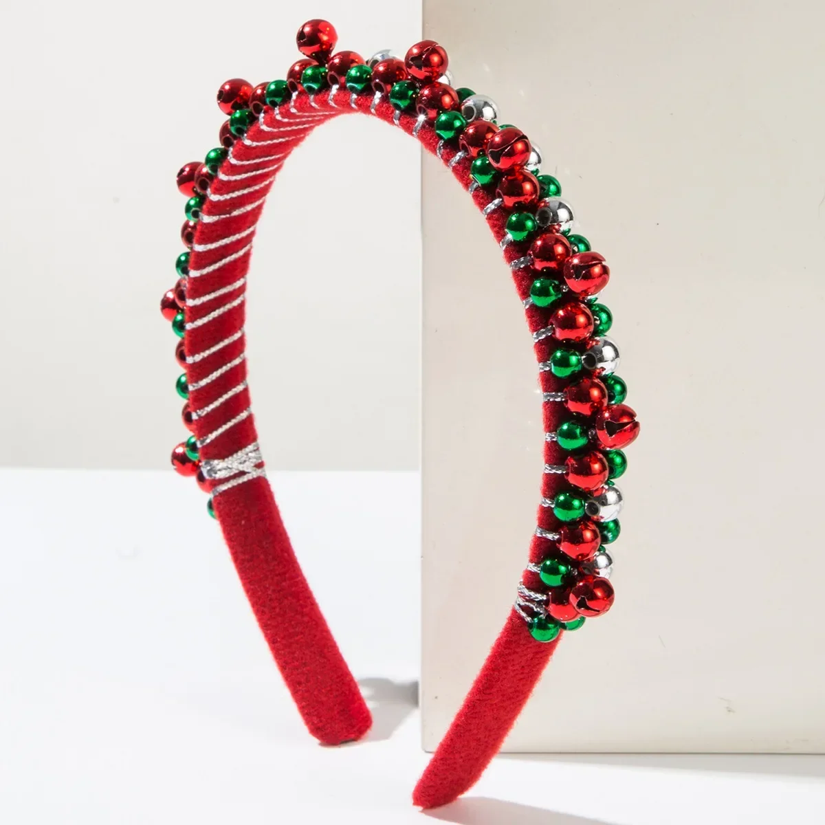 New Red Green Christmas Headband Women's Simple Thin Edges Flannel Jingling Bell Beaded Winding Holiday Hair Accessories