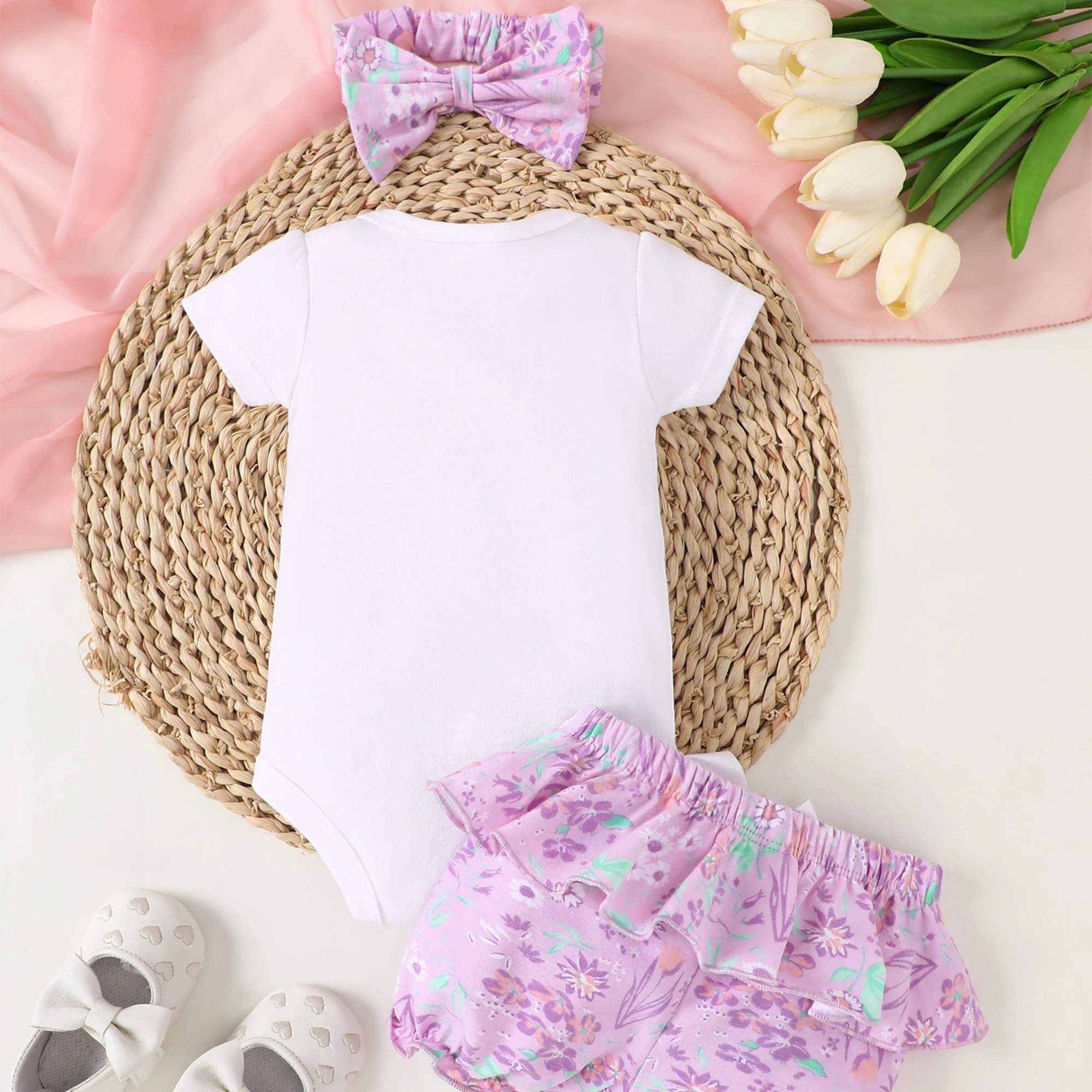 2PC Summer Baby Girl Set Flower Letter Pattern Short Sleeve jumpsuit Bow Flower Print Shorts 0-1 Year Old Girl Three Piece Set