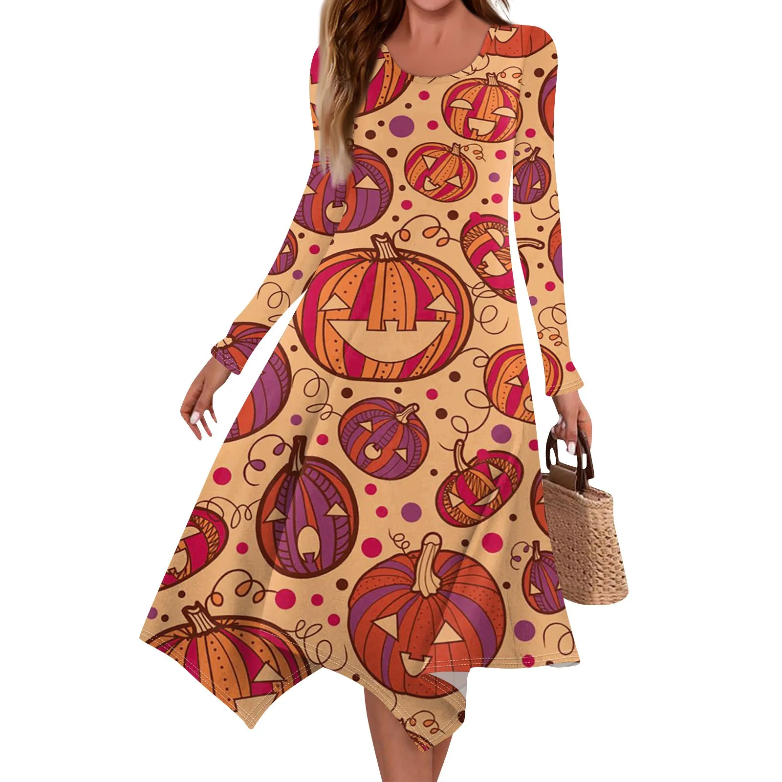 

Vintage Pumpkin Print Dress Irregular Hem Midi Dress Halloween Party Dresses Women Long Sleeve Fashion Vestido