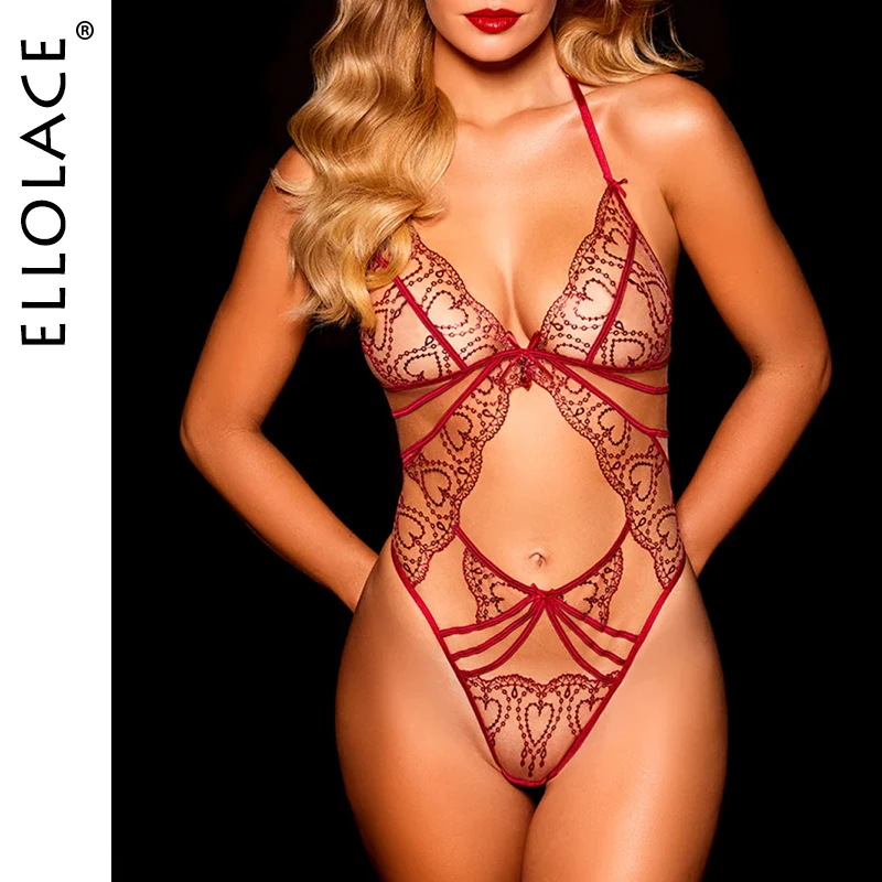 

Ellolace Seductive Sexy Lingerie Honey Heart Shaped Embroidered Halter Bodysuit Hollow on Belly Backless Nude Mesh Jewel Body