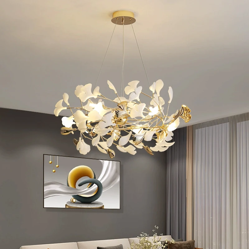 Modern Style Custom Chandelier Ceramic Ginkgo Leaf Art Creative Pendant Light for Hotel Lobby Living Room Bedroom Dining Room