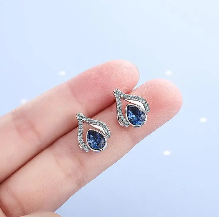 925 Silver Needle Japanese Water Drop Sapphire Flower Earrings Women Light Luxury Temperament Wedding Plata Jewelry