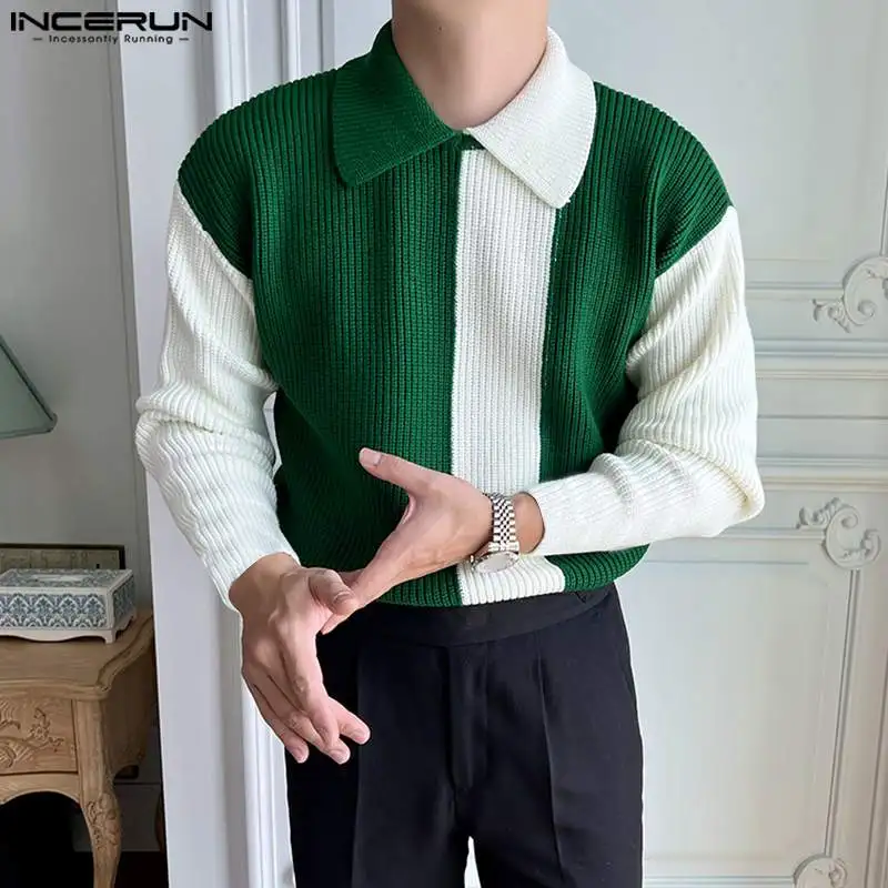 Korean Style Handsome New Men Tops INCERUN Contrast Knitting Pullovers Casual Fashion All-match Long-sleeved Lapel Sweater S-5XL