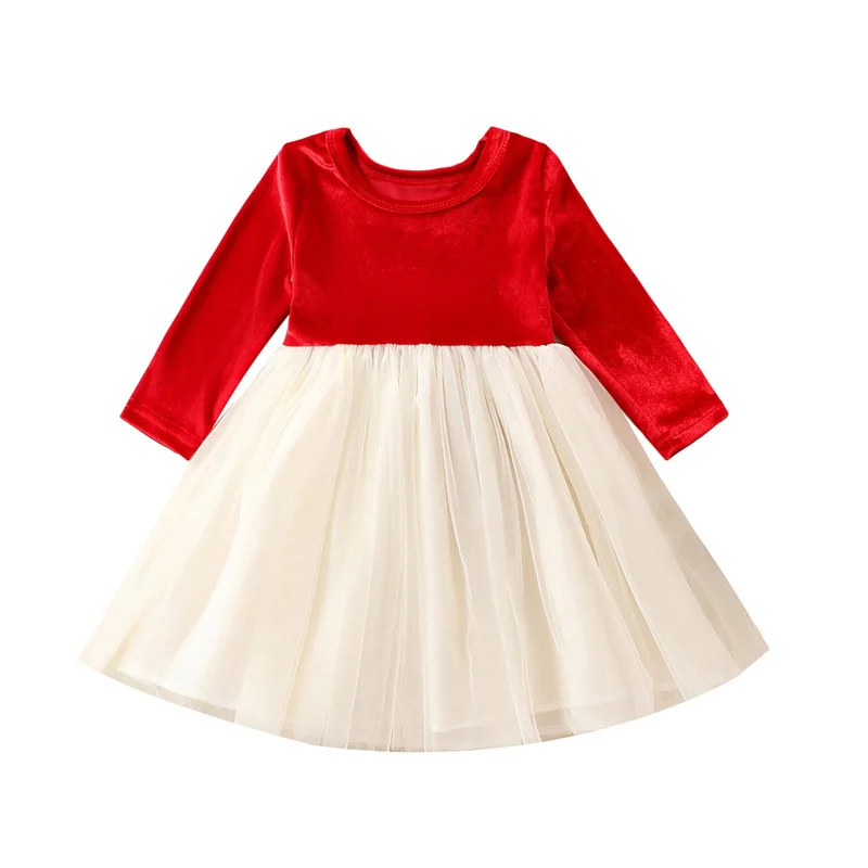 1-7Y Girl Fall Winter Patchwork Dress Velvet Long Sleeve Round Neck Tulle Mesh Dress Kids Girls Xmas Party Dresses Costume