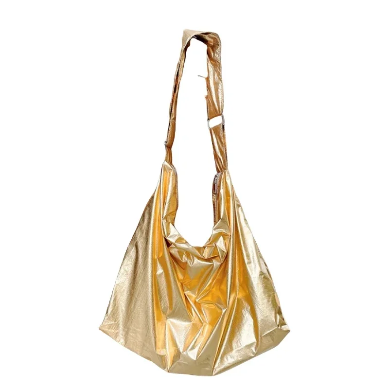 Solid Color Soft Tin Foil Shoulder Bag for Women Korean Style College Student Large Capacity Messenger Bag Casual Crossbody Bag