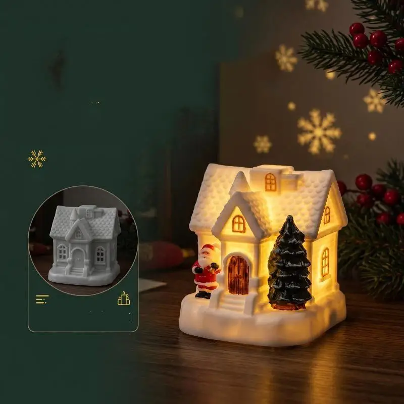 Christmas Village Santa Swing Decoration LED Lighted Figurine Xmas Tree Snow House Tabletop Ornament Gift Decor