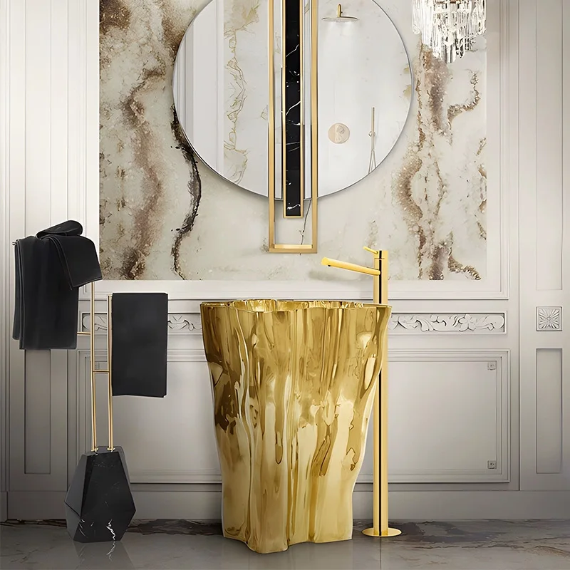 

Stainless steel light luxury art wash basin villa home bathroom advanced creative special-shaped column washbasin