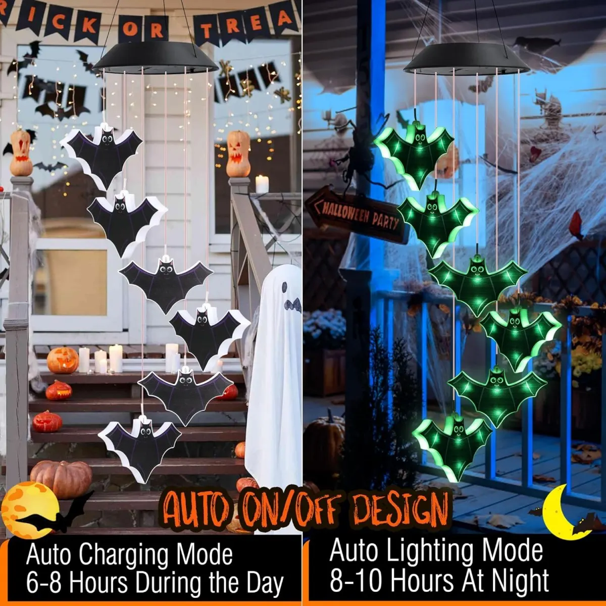 1PC Halloween Bat Wind Chimes Light Outdoor Waterproof Portable Hanging 6 LED Solar Powered Lights Suitable For Garden Decor