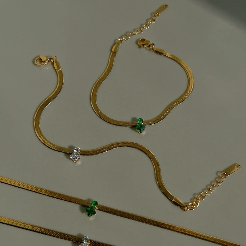 Green rhombus cz stone herringbone chain bracelet for women stainless steel dainty bracelet minimalist dainty jewelry