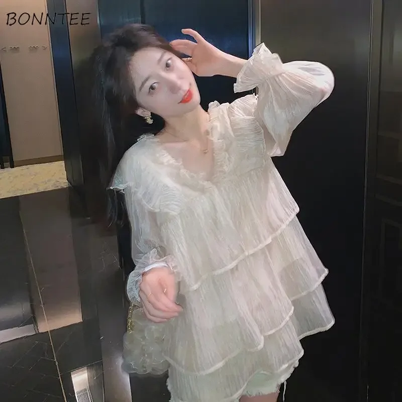 

Blouse Women Loose Ruffles Solid Simple Sun-proof Summer Hot Ladies Clothes Casual All-match Streetwear Ulzzang Harajuku Retro