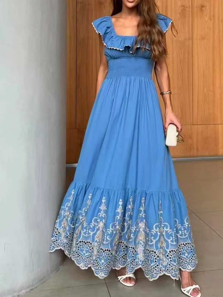 

Fashion temperament ruffled sleeveless dress 2025 summer sexy backless lace embroidery big swing high waist dress