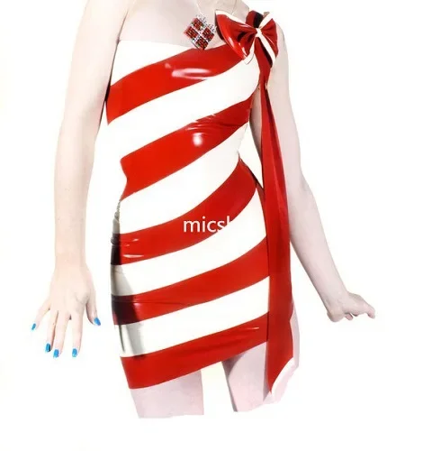 

100% latex Rubber Gummi Red and white patchwork striped dress, slim, stylish, comfortable, party, role play xs-xxl 0.4 mm