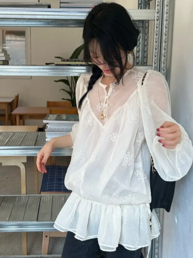 Chic Spring Gentle Wind Semi-Open Collar Embroidered Floral Pattern Dstring Blouse Svel Women's Dr Faionable