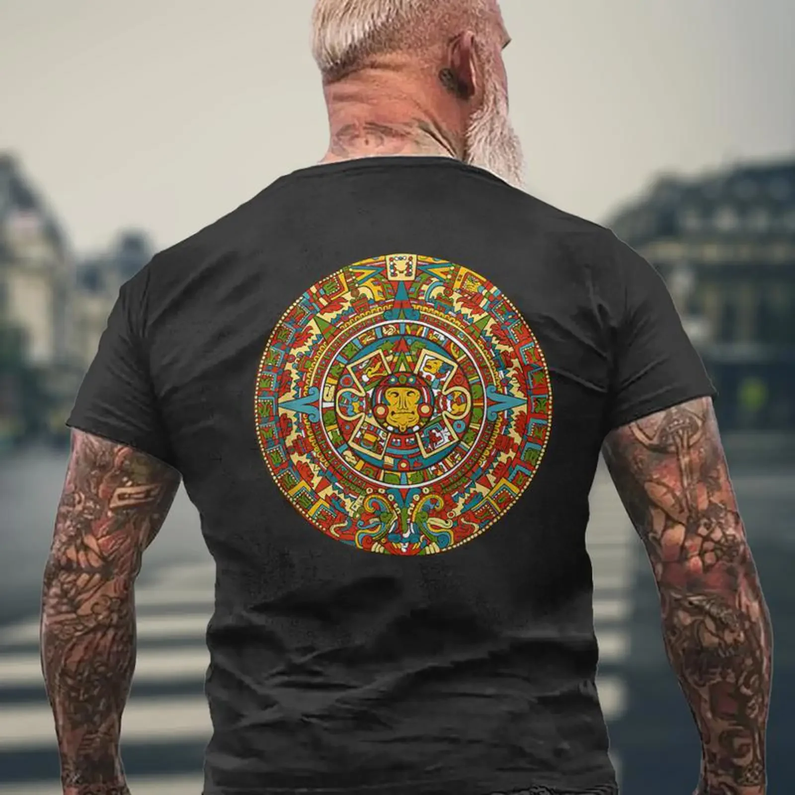 Aztec Mexico Calendar Pattern Style Sun Men's T shirt Back Print Monsterry vintage Washed Slightly designer clothes Stretched