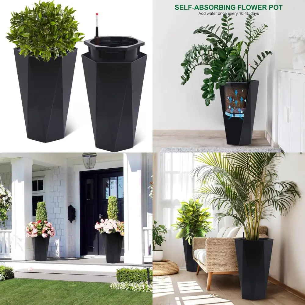 

Self-Watering Outdoor Planters Set of 2, 23 Inch Tall Pots with Water Level Indicator, Drainage and Wheels for Indoor Plant Care