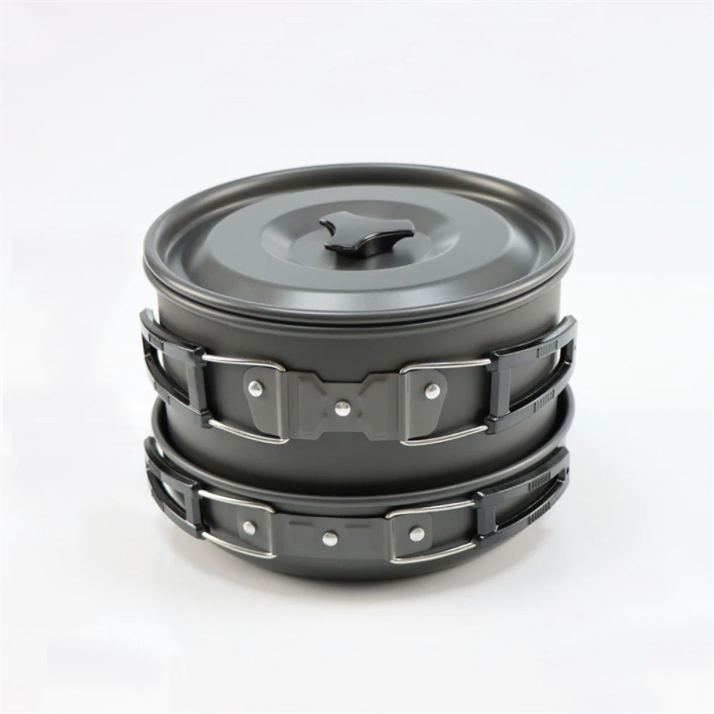 طقم طهي كبير للتخييم في الهواء الطلق مع 2-4 أوعية متداخلة وأواني طهي للتخييم من سبائك الألومنيوم خفيفة الوزن لسهولة الحمل