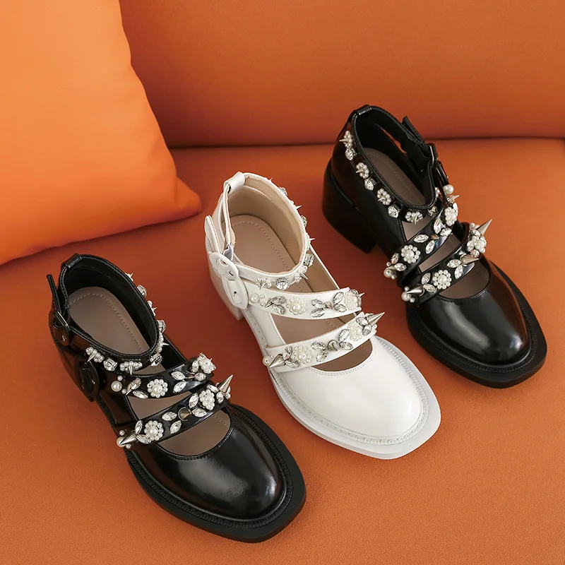 

British Style Black Leather Woman Mary Jane Single Shoes Rhinestone Pearl Rivets Studs Leather Flats Low Heels Round Toe Pumps