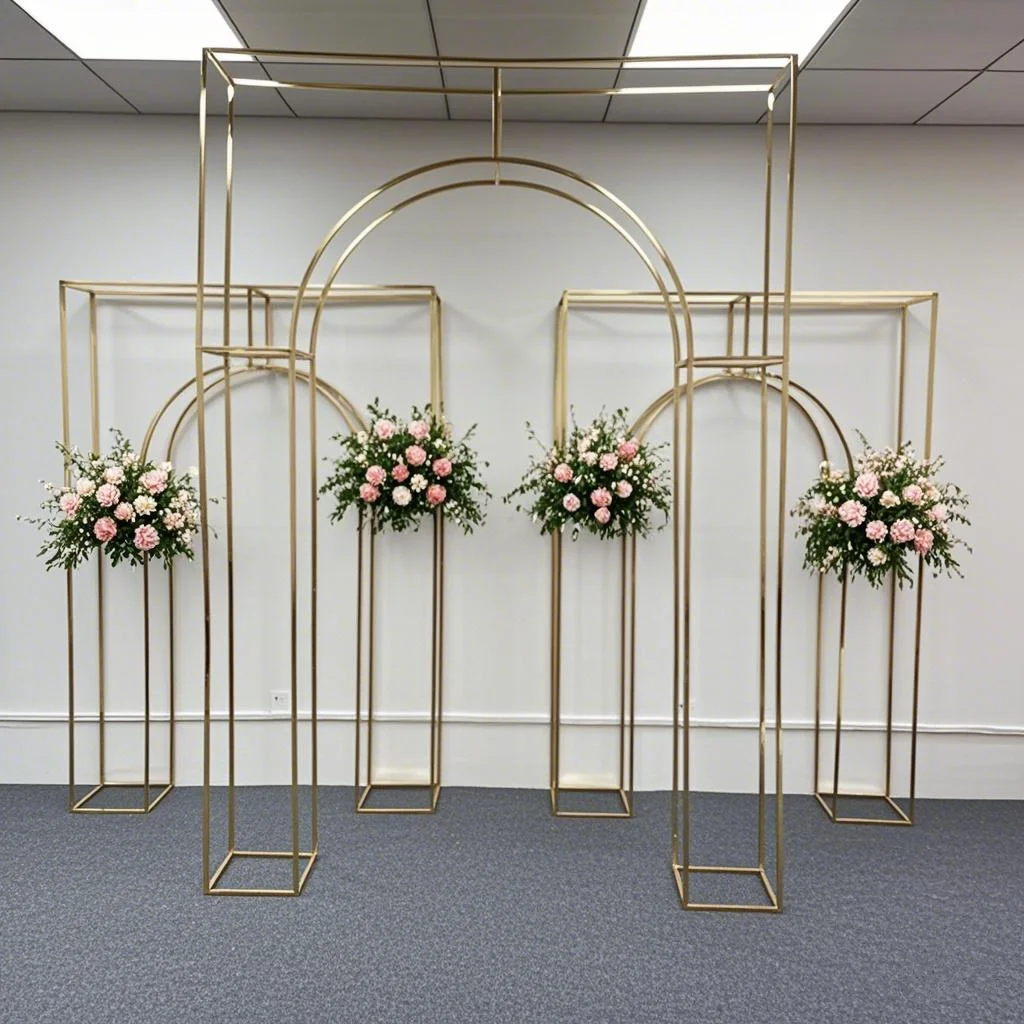 

Shiny Gold Double Arch Artificial Flower Display Stand Wedding Stage Welcome Aisle Door Backdrops Birthday Balloons Rack 260cm