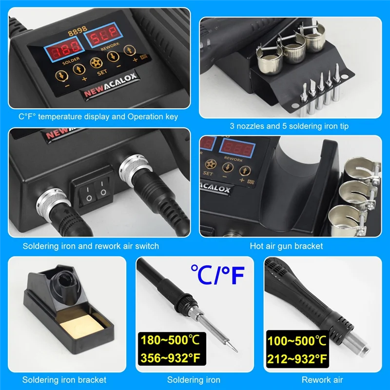 

F-T 8898 Hot Air Desoldering Station Soldering Iron Station 2-In-1 Temperature-Controlled EU Plug