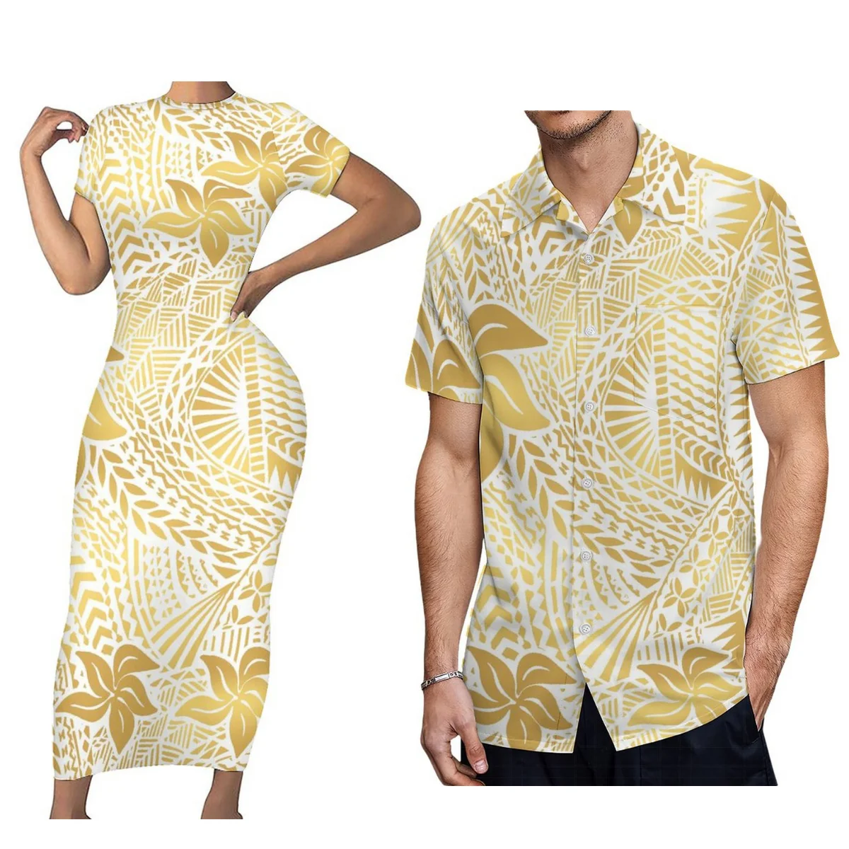 

2024 Summer Samoan Couple set Fashion Polynesian custom vintage art pattern women's sheath dress men's shirt