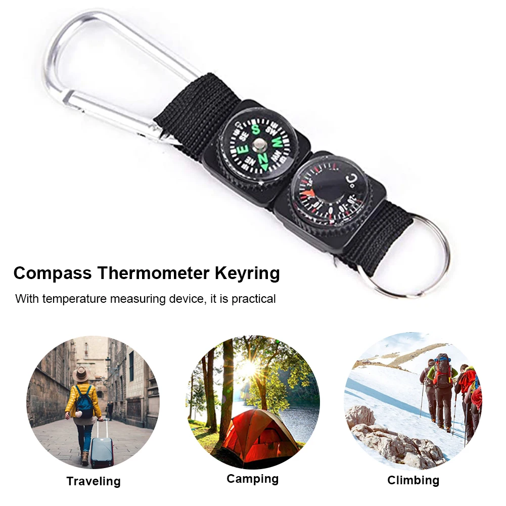 3 In 1 Mini Thermometer Compass Multi-functional Metal Carabiner With Keyring Outdoor Camping Hiking Accessory