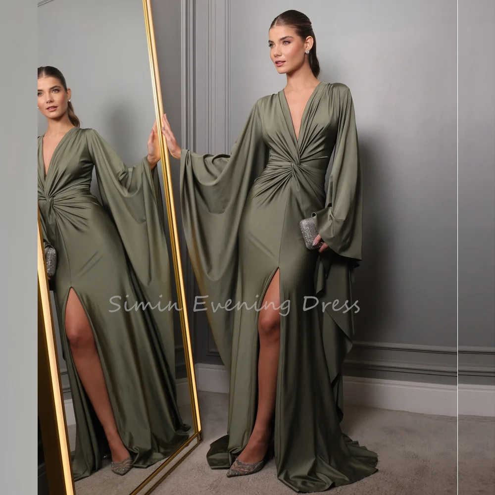 

Simin Satin A Line V-neck Floor Length Elegant Evening Dresses For Women 2025 With High Side Slit Pleats Simple Party Dress