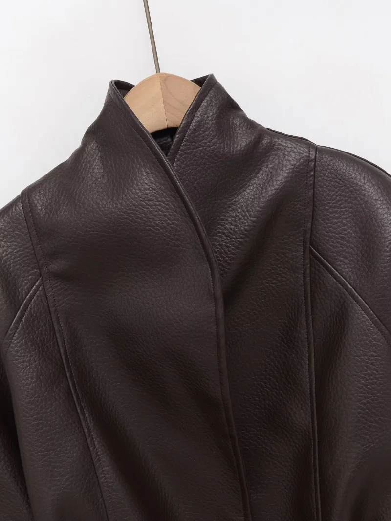 ETJ Damen PU-Leder Vintage Wickeljacke mit Gürtel, hochgeschlossener Kurzmantel, Frühjahr 2026, minimalistische Retro-Urban-Mode-Oberbekleidung – Detail 16