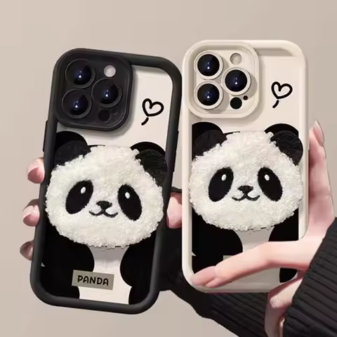 3D Fur Panda Head Plain Multistep Soft Phone Case for Samsung Galaxy S24 Ultra S23 Plus S22 S21 S20 FE A03S A13 A23 A33 A53 A73