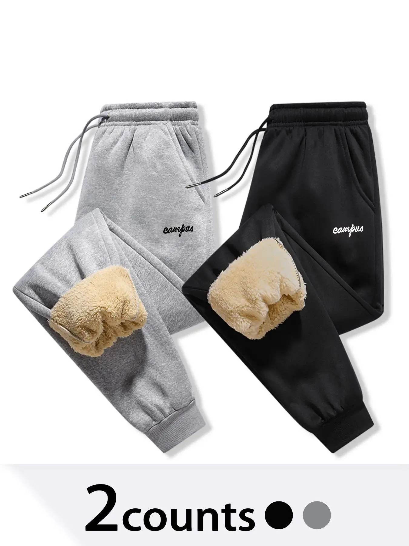 

Зимние теплые спортивные штаны на флисовой подкладке: серые и черные двухцветные, с завязками на талии, манжетами на щиколотке, уютная плюшевая внутренняя часть для повседневного использования и улицы