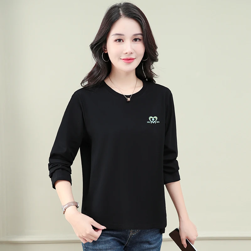 

2025 new large-size middle-aged women's pure cotton round neck long-sleeved T-shirt spring and summer loose casual versatile top