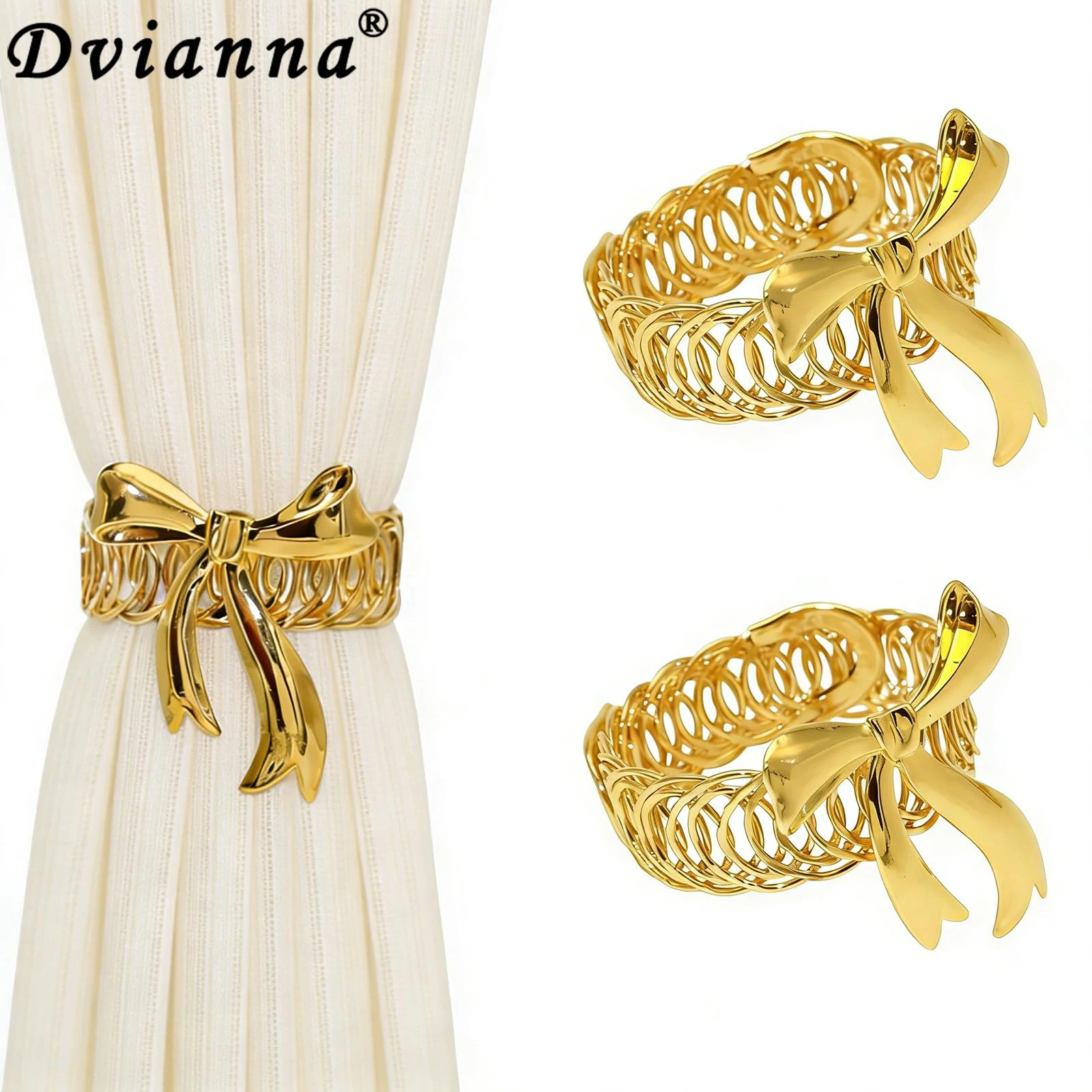 2Pcs Bow Elastic Metal Curtain Tiebacks No Drill Adjustable Drape Holdback Gold Decorative Window Curtain Buckle Home Curtain