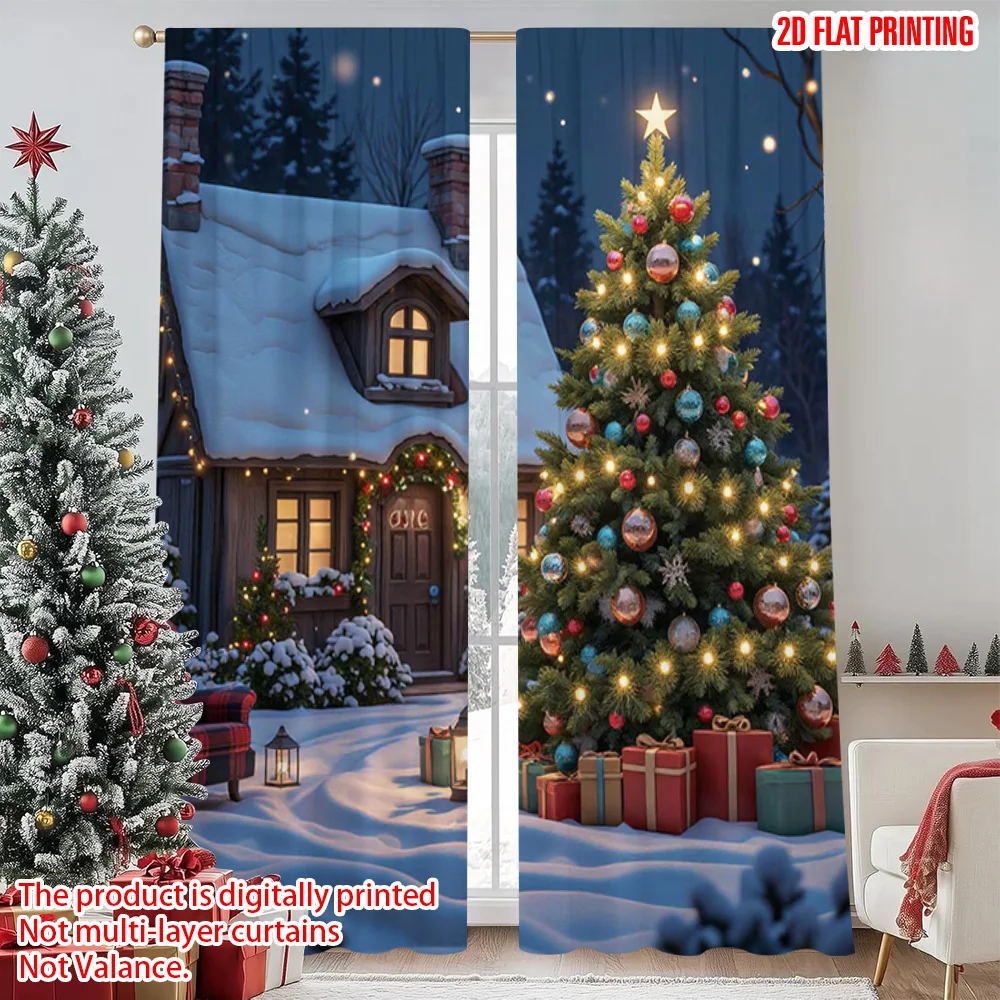 

2pcs 2D flat printing Merry Christmas Popular Drapes Snow night Christmas warm scene Durable 100% Polyester Fabric Without