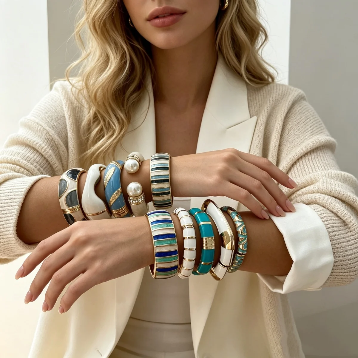 Trendige blau-weiße Emaille-Manschettenarmbänder für Damen und Herren, Vintage, unregelmäßige Streifen, stapelbarer Armreif, Partyschmuck – Detail 12