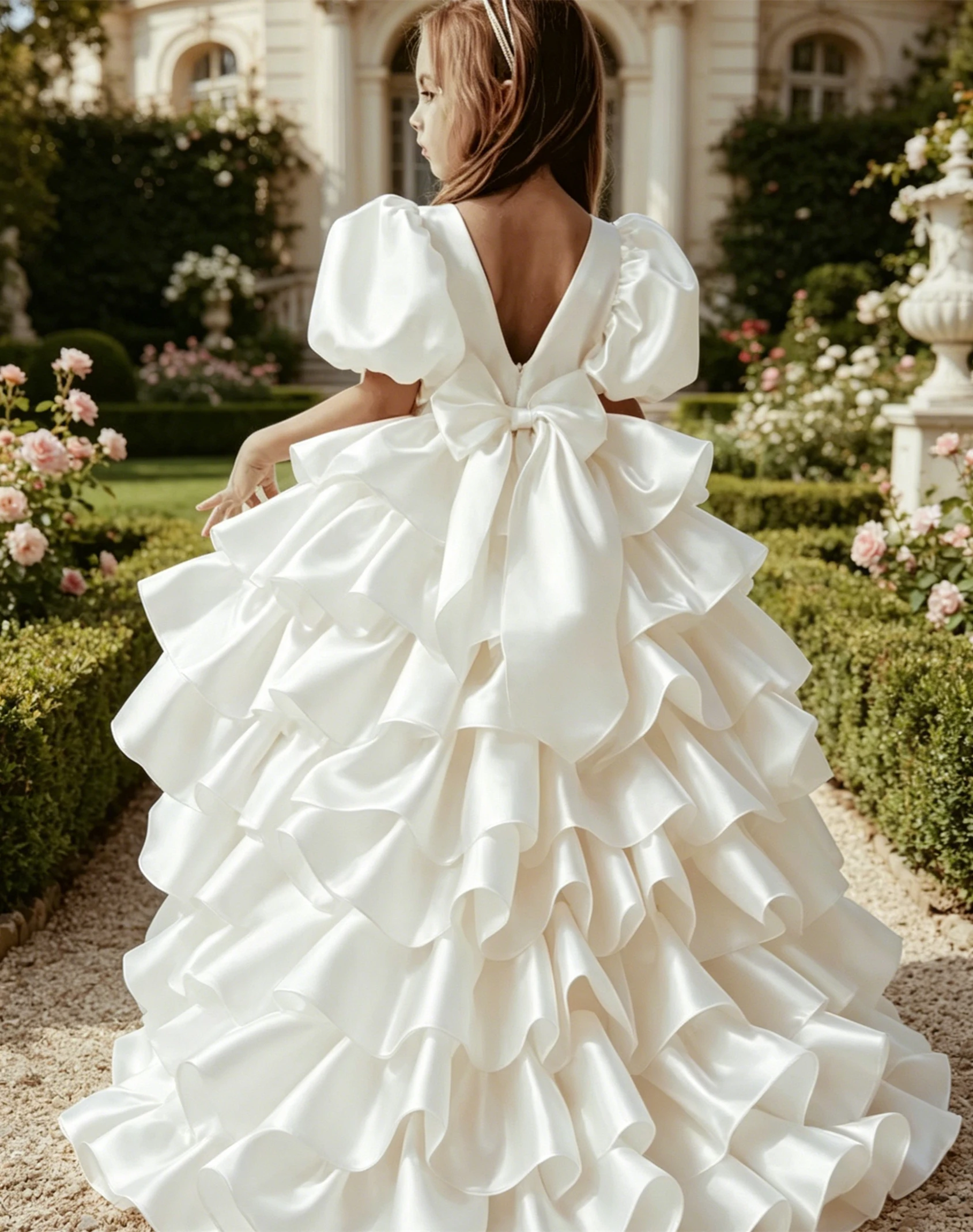 

Customized Flower Girl Dress For Wedding Tiered Bow Satin V Back Short Sleeve Elegant Kids Birthday First Communion Gown