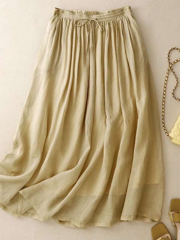 Retro zen dupla camada de algodão linho feminino verão cintura elástica cintura alta dra saia a linha guarda-chuva saia commute sle