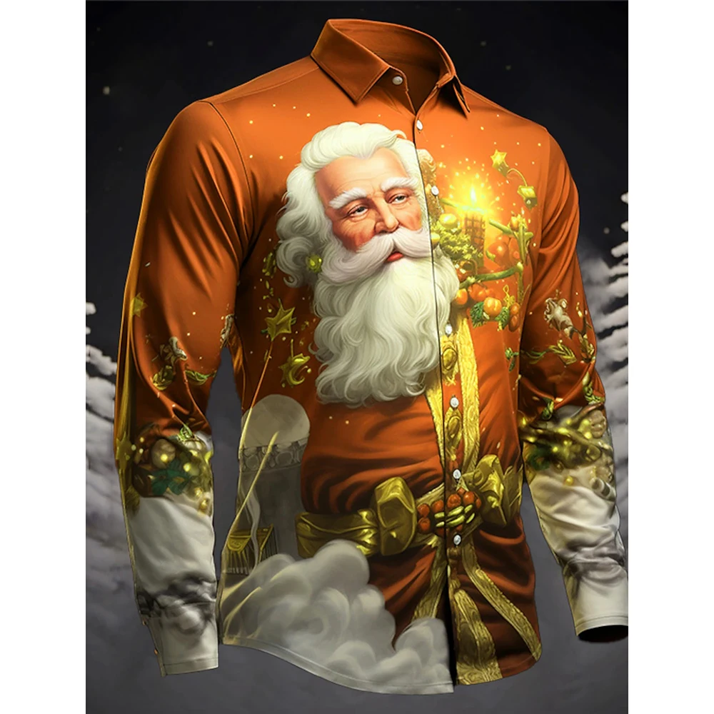 Camisa con estampado 3D de Papá Noel para hombre, camisa informal de manga larga para vacaciones, Año Nuevo, Navidad, fiesta