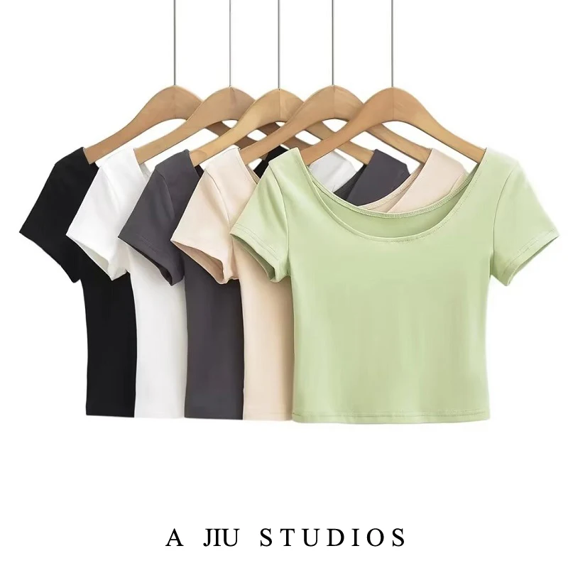 Obcisły top do jazzu lub T-shirt z czystej bawełny z okrągłym dekoltem, odkrywający brzuch, w stylu streetwear, idealny na lato.