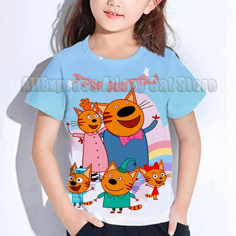 Camiseta de tres gatitos para niño y niña, camisa de manga corta con estampado de dibujos animados, Kawaii, ropa de verano