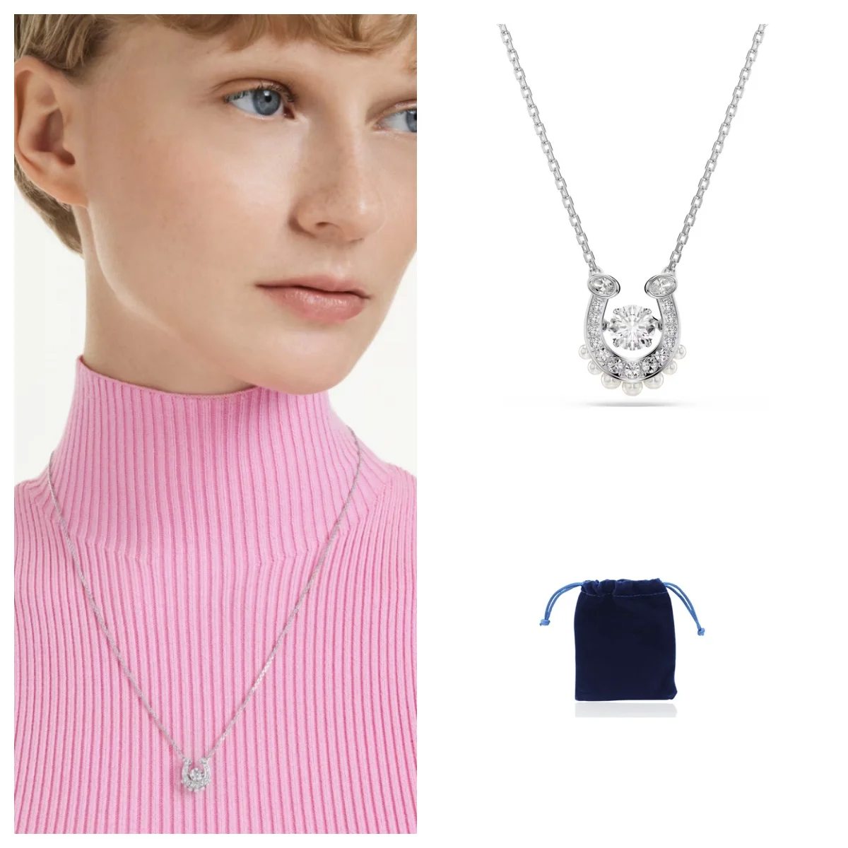 

Symbolica pendant Crystal pearl, Round cut, Pavé, Horse shoe, White, Rhodium plated