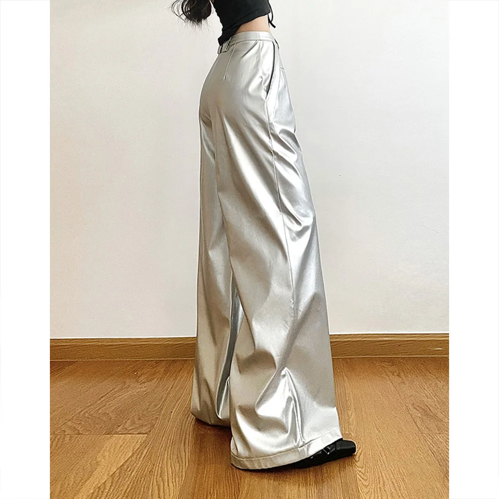 Summer New Women's Silver Solid Color Loose Street Fashion High Waist Casual Straight Leg Wide Leg Pants