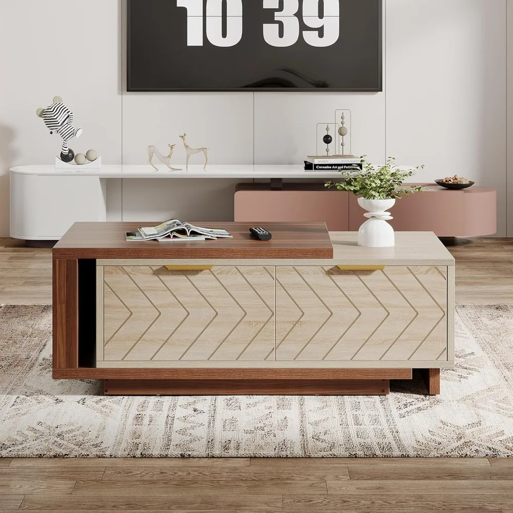 Extendable Coffee Table, 42"-65" Length Adjustable Reversible Wood Coffee Table with 2 Storage Drawers for Living Room