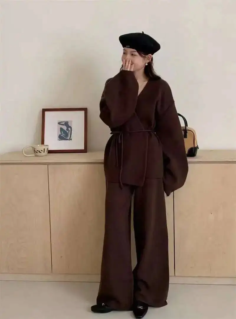 [EWQ] Fashion V-neck Long Sleeve Lace Up Sweater And High Waist Trousers Casual Women Knit Set Clothing 2025 Autumn New 16O1719