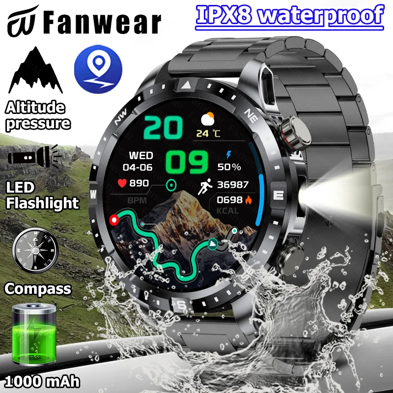 2026 new men's smart watch built-in compass 1000 mAh battery altitude pressure IPX8 waterproof Bluetooth call sports health watc