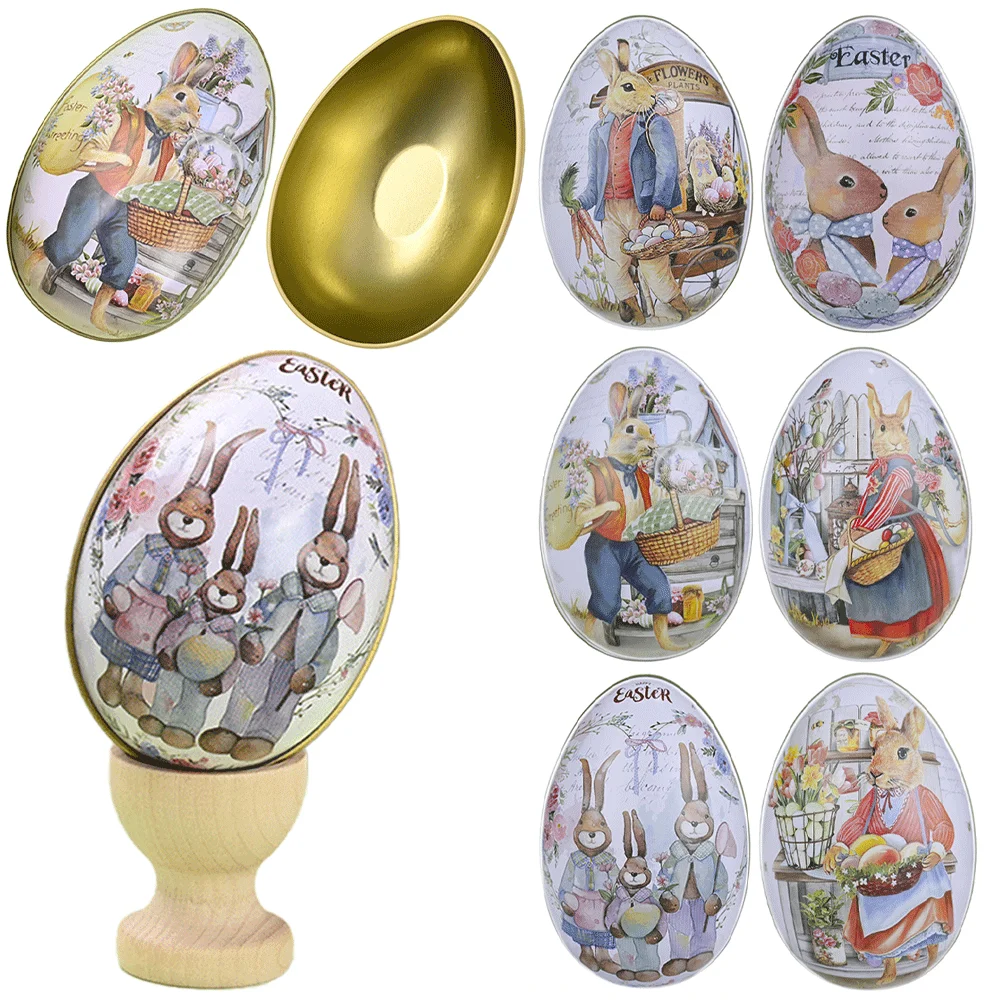 1pcs Easter Bunny Egg Tin Box Egg Shape Metal Print Candy Gift Box Colorful Cartoon Rabbit Iron Egg Happy Easter Decor Kids Gift