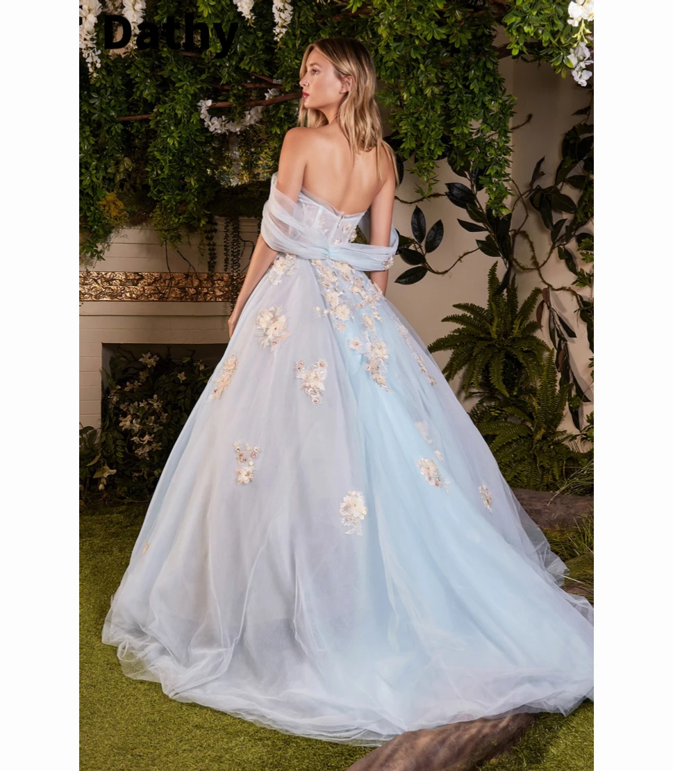 Dathy Blue Tulle Off The Shoulder Dress 3D Appliqué Sweetheart Party High Waist Puffy Skirt Evening Dressفستان سهرة نسائي