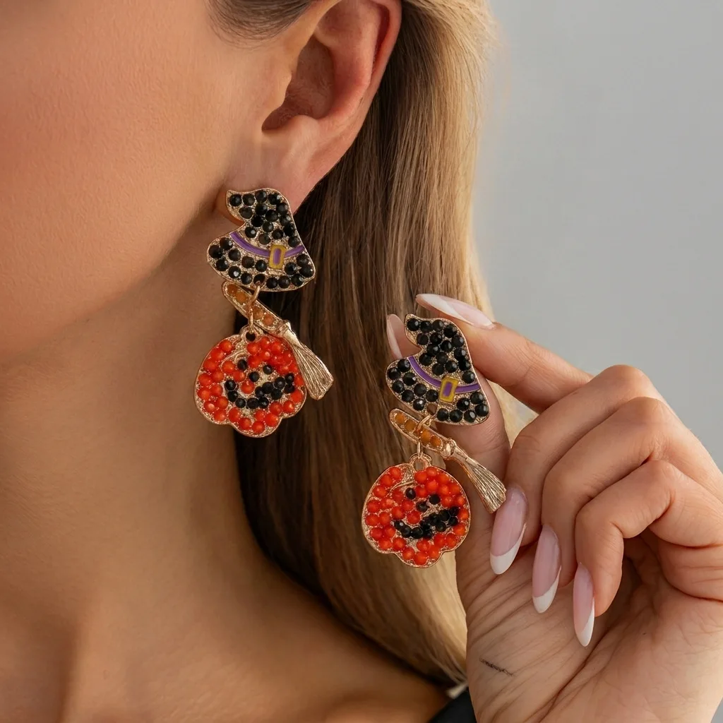 1 Pair European-style Graffiti Diamond-studded Pumpkin Earrings Personalized Hollowed-out Pearl Earrings for Women